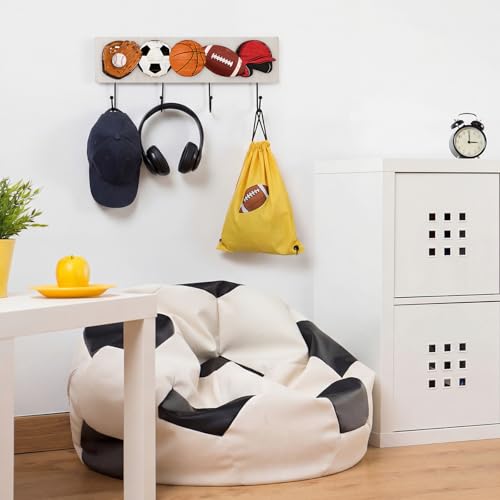 Wood Sports Coat Rack with 4 Hooks Basketball Baseball Football Soccer Wall Mounted Coat Hooks Decor Ball Sports Theme for Home Entryway Playroom Hats Keys Towels - style: Ball Theme