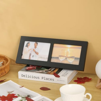 7x5 2-Opening Collage Picture Frame Black Wood | Two 5x7 openings, shatter-resistant glass, tabletop & wall mounting - size: 7x5 - 2 Opening
