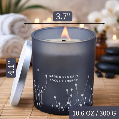 Sage & Sea Salt Wood Wick Soy Scented Aromatherapy Candle for Home, Office | Sage Candles for Cleansing House, Focus & Relaxation | Home Spa, Clean Burn, 10.6 oz, Decorative Blue Jar Candle, Women & Men
