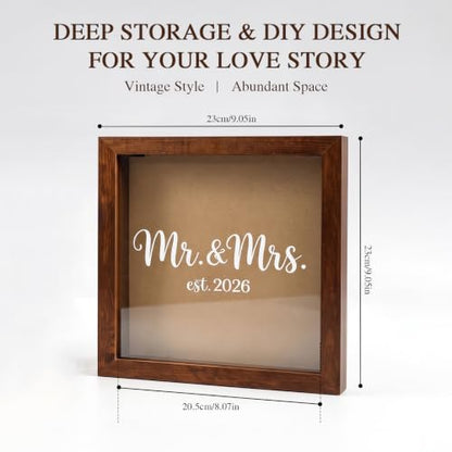 9x9 Wooden Wedding Shadow Box Frame - Mr and Mrs Est 2026 Memory Box Display Case with Clear Acrylic Window for Keepsakes, Dried Flowers, Photos - Bridal Shower, Engagement Gifts for Couples