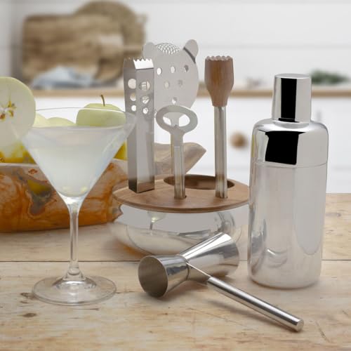 Mikasa 8-Piece Bar Tool Set with Stand - Polished Stainless Steel Cocktail Shaker, Muddler, Strainer, Jigger, Ice Tongs, Cap Lifter and Acacia Wood Organizer