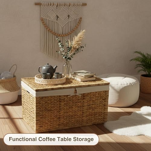 30 in Wicker Storage Trunk with Lid, Removable Liner, Natural | Handwoven Organizer with Metal Hinges That Doubles as a Toy Chest and Large Blanket Keeper