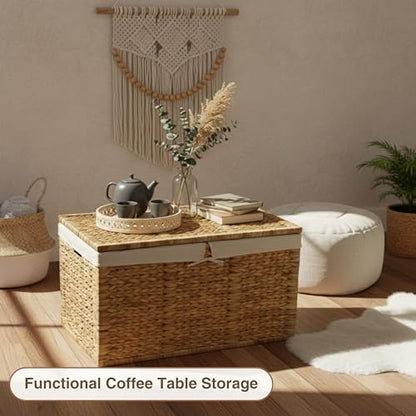30 in Wicker Storage Trunk with Lid, Removable Liner, Natural | Handwoven Organizer with Metal Hinges That Doubles as a Toy Chest and Large Blanket Keeper