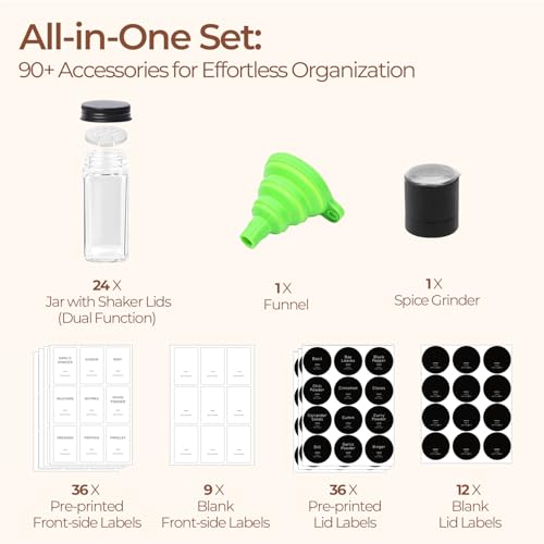 ComSaf 15Pcs 4oz Glass Spice Jars with Shaker Lids, 93 Labels, a Handy Funnel, a Pepper Grinder, Empty Spice Containers and Square Spice Bottles for Kitchen and Seasoning - color: 4oz*15 Metal Lids