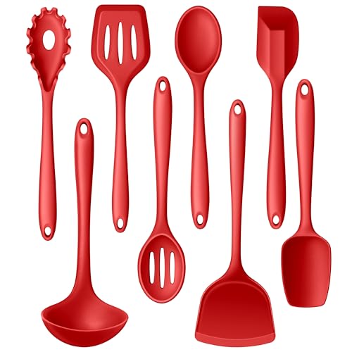 LIANYU 8Pcs Kitchen Cooking Utensils Set, Red Silicone Spatula Utensils | Metal Core, Non-Toxic Cooking Gadgets Tools for Non-stick Cookware, Heat Resistant & Dishwasher Safe - color: Red