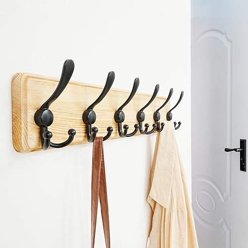 Coat Rack Wall Mounted - 24" Long 6 Tri Hooks, Heavy Duty Wooden Wall Coat Hanger Coat Hook for Clothes Hat Jacket Clothing, Weathered Light Natural and Black - color: Light Brown & Black, size: L=24"