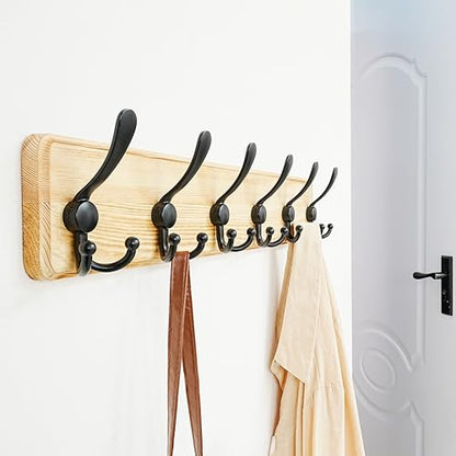 Coat Rack Wall Mounted - 24" Long 6 Tri Hooks, Heavy Duty Wooden Wall Coat Hanger Coat Hook for Clothes Hat Jacket Clothing, Weathered Light Natural and Black - color: Light Brown & Black, size: L=24"