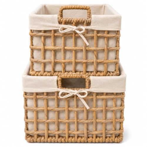 TP HTown Water Hyacinth Wicker Basket Set of 2 – Large, Mid Handmade Cube Storage Organizer Baskets with Handle for Bathroom Storage Desk Closet Organizer, Wicker Storage Baskets Shelves Home Decor