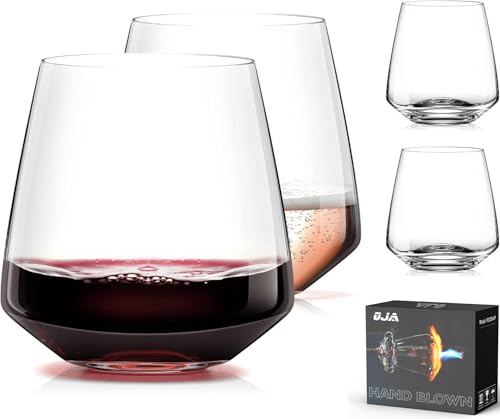 OJA Wine Glasses Set, Crystal Stemless Red Wine Glass, Set of 4, 13.5 oz | Dishwasher Safe, Red White Wine glass, Hand Blown, Unique Gifts for Him Her for Birthday, Wedding, Christmas, Anniversary - style: Set of 4-13.5 oz