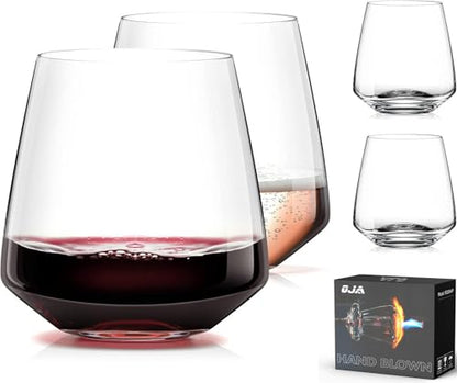 OJA Wine Glasses Set, Crystal Stemless Red Wine Glass, Set of 4, 13.5 oz | Dishwasher Safe, Red White Wine glass, Hand Blown, Unique Gifts for Him Her for Birthday, Wedding, Christmas, Anniversary - style: Set of 4-13.5 oz