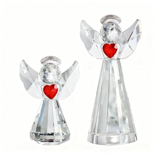2pcs Crystal Angel Figurine Collectibles Gifts for Women Glass Angel Statue | Glass Guardian Angel Holding a Heart Ornaments,Home Table Christmas Decoration (Clear,4.5''and 3'') - style: Angel With Red Heart-2pcs