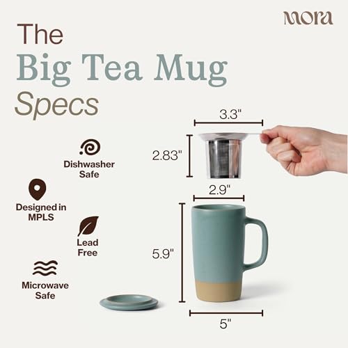 Mora Ceramics Large Tea Mug with Loose Leaf Infuser and Ceramic Lid, 18 oz, Portable, Microwave, Dishwasher Safe, Tall Coffee Cup - Rustic Matte Ceramic Glaze, Modern Herbal Tea Strainer, Iris - color: Iris