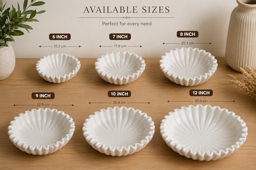 White Marble Ruffle Bowl – Handcrafted Decorative Scalloped Edge Marble Bowls – Fluted Stone Centerpiece for Table, Kitchen, Entryway – 12 Inch Natural Stone - size: 12 inches
