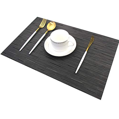 Placemats for Dining Table Washable Woven Vinyl Placemats Heat-resistand Table Dinner Placemats Set of 6 (Black) - color: Babmoo Black, size: placemats set of 6