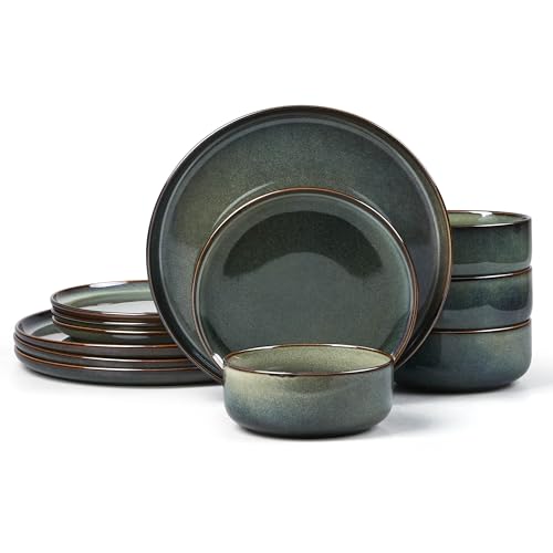 E-far Dinnerware Sets for 4, 12-Piece Stoneware Plates and Bowls Set, Ceramic Dishes Reactive Glaze Dinning Ware, Microwave & Dishwasher Safe - Obsidian Green - color: Obsidian Green, size: Service for 4