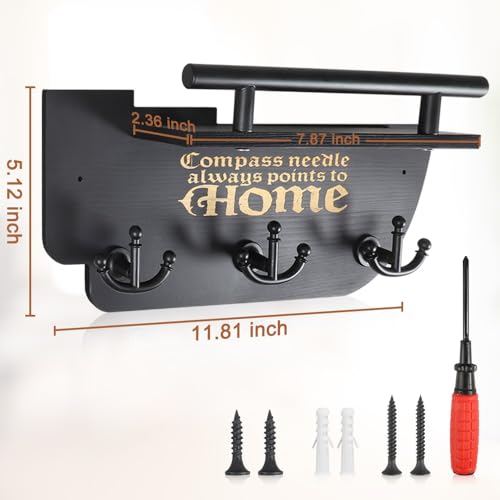 Picowe Wall Mounted Mail and Key Holder, Wooden Black Ship Style with 3 Anchor Hooks for Entryway, Farmhouse Wall Organizer for Mail & Keys