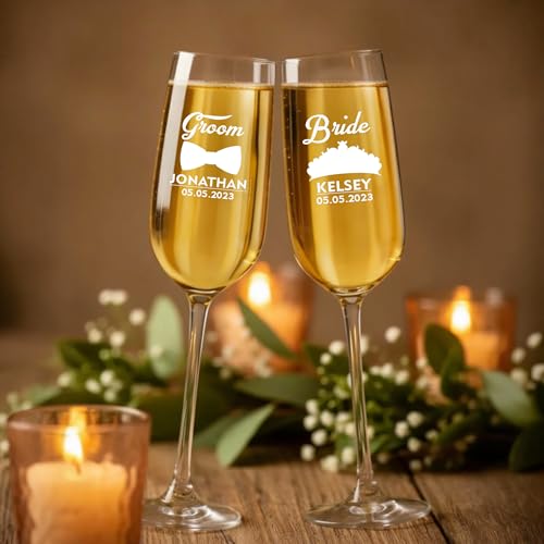 Personalized Bride and Groom Champagne Flutes – Bow Tie & Crown Design Wedding Glasses, Custom Names & Date, Wedding Toast Champagne Glasses (Champagne Flutes-D5) - color: Champagne Flutes-D5
