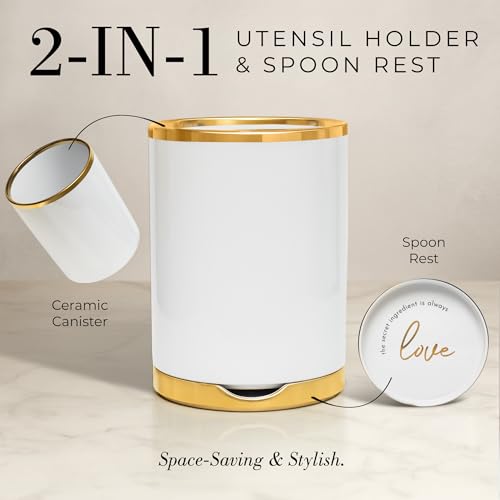 Styled Settings White and Gold Kitchen Utensils with Holder, 8-Piece | Heat Resistant, Nonstick, White Silicone Cooking Utensils Set, Ceramic Utensil Holder & Stackable Gold Spoon Rest - color: 8PC White & Gold