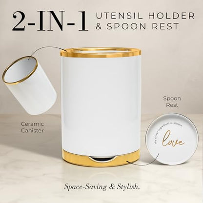 Styled Settings White and Gold Kitchen Utensils with Holder, 8-Piece | Heat Resistant, Nonstick, White Silicone Cooking Utensils Set, Ceramic Utensil Holder & Stackable Gold Spoon Rest - color: 8PC White & Gold
