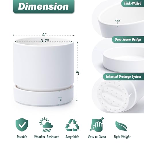 Phoenix Vine 4 Inch Planter Pot with Drainage Hole & Saucer, Deep Water Catch Tray, Straight Cylindrical Round Pot for Plants, Matte White, Pack of 3, 23-B-R-3 - color: Matte White, size: 4" (3 Pack)