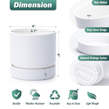 Phoenix Vine 4 Inch Planter Pot with Drainage Hole & Saucer, Deep Water Catch Tray, Straight Cylindrical Round Pot for Plants, Matte White, Pack of 3, 23-B-R-3 - color: Matte White, size: 4" (3 Pack)