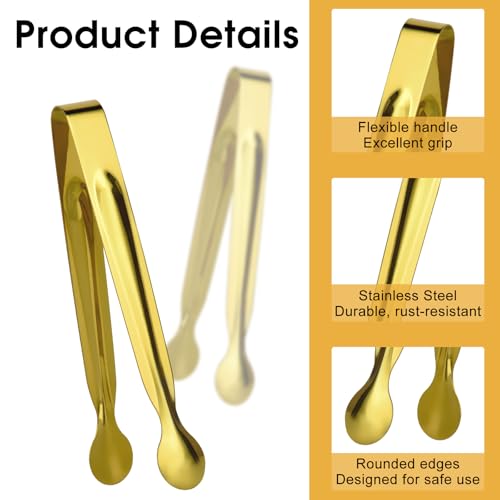 Mini Serving Tongs Set, 12 Gold Stainless Steel Tongs, 6.3 in for Sugar Cubes, Ice, Candy, Charcuterie, Coffee Bar - color: Gold