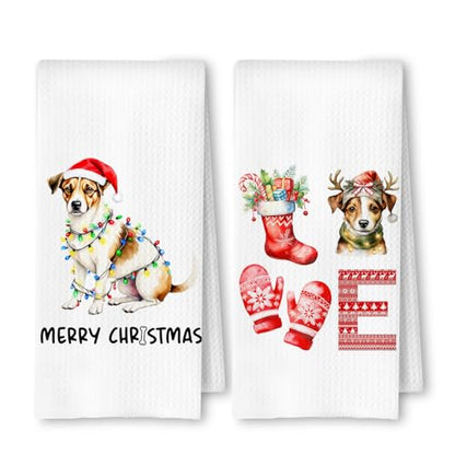 Christmas Jack Russell Kitchen Dish Towels 2 Pack - Jack Russell Dog Lover Gift, Waffle Weave Christmas Hand & Tea Towels for Kitchen Bathroom, 16x24 Inches - color: Jack Russell Christmas