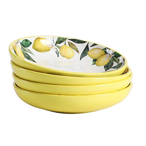 Bico Lemon Dreams Pasta Bowls, 35oz Salad Bowl Set of 4, Large Ceramic Serving Dinner Bowls for Soup and Cereal, Microwave and Dishwasher Safe, Gift for Housewarming and Thanksgiving - color: Lemon Dreams