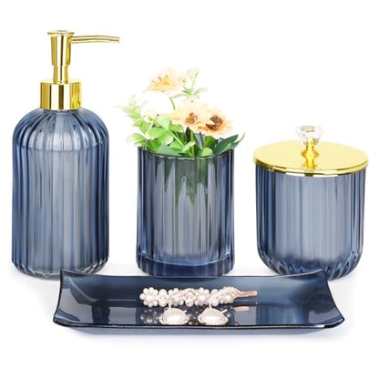 Haturi Glass Bathroom Accessories Set, Blue Bathroom Set, 4 Pcs | Kit w/ Bathroom Soap Dispenser Set, Toothbrush Holder, Qtip Holder, Vanity Tray, Blue Bathroom Decor, Gift for Home Apartment - style: Blue