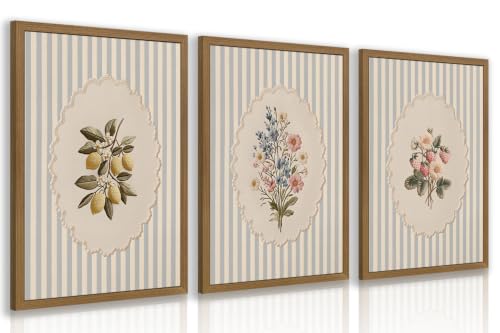 OPFDE Wood Framed Vintage Botanical Wall Art Set of 3, Embroidered Wildflower Lemon Strawberry Poster Prints, Blue Stripe Farmhouse Wall Decor, Cottagecore Floral Artwork for Kitchen 12x16 Inch - color: Embroidered, size: 16"L x 12"W