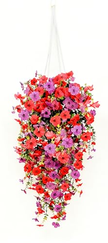 Artificial Flowers for Outdoors Fake Hanging Plants with Pot, 4pcs Silk Colorful Flowers UV Resistant Realistic Hanging Planter Faux Flower for Outside Porch Patio Home Garden Yard Decoration - color: 1 Pack - Fake Flowers No Led