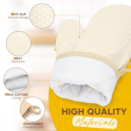 Silicone Oven Mitts 2 PCS, Heat Resistant Non-Slip Cotton Lining for Baking | 11.3 "x 7" 500 ° F White
