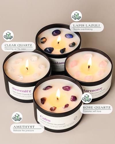 AOOVOO Crystal Soothing Candles Set for Women - Soy Candle for Home Scented | 4 Pack 26 oz, 200 Hour Long Lasting Candle, Calm Amethyst/Serenity Clear Quartz/Harmony Rose Quartz/Balance Lapis Lazuli - color: Soothing Candles Set