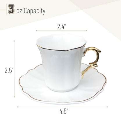 BTaT- Porcelain Espresso Cups Set, 3 oz, 12 Set, Small Coffee Mugs | Elegant White Cups Saucers Gold Trim Espresso Set Greek Arabic Turkish Coffee Gift Use - color: White, size: Set of 12