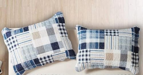 Brilliant Sunshine Multi Blue Plaids & Stripes Pillowshams Set, 20"x26"+2" | Patchwork Design, Quilted Standard Pillowcases, Washable Scallop Edge Pillow Covers, Pack of 2 - color: Blue, size: 20 x 26 inches