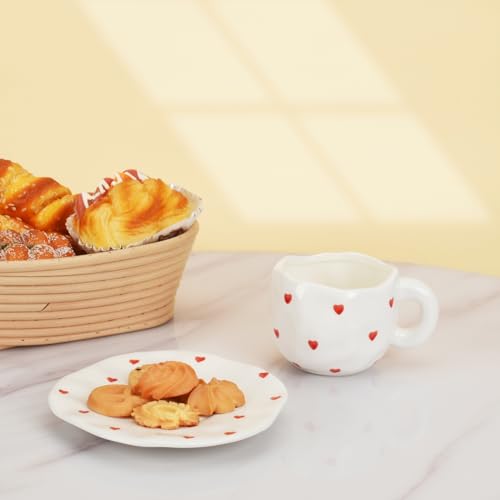 Koythin 10oz Ceramic Mug With Saucer, Small Red Heart Couple Latte Tea Cup | 300ml Heart Pattern Cup, Safe For Microwave & Dishwasher; Couple Cup - color: Small Red Heart