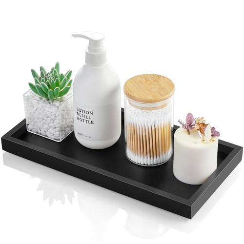 ALELION 11.7" Bathroom Vanity Tray for Counter - Black Wood Decorative Tray for Toilet Tank Makeup Perfume Jewelry Catchall Coffee Table - Wooden Kitchen Countertop Organizer for Soap Dispenser - color: Black, size: 11.7" x 6" x 0.8"