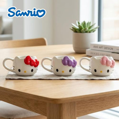 Silver Buffalo Sanrio Hello Kitty Bows, 3D Sculpted Mini Cup Set, 3.5oz | Different Color, Pack, Ceramic, Milk, Includes Handles, Perfect as a Sugar, Cream, 0.1 Liters - color: Hello Kitty With Handle