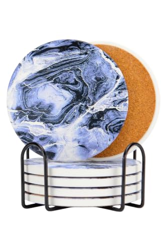 Ceramic Drink Coasters Set of 6 with Holder, Absorbent Coasters with Cork Backing for Coffee Table, Surface Protection, Home Decor and Housewarming Gift (Blue Storm) - color: Blue Storm
