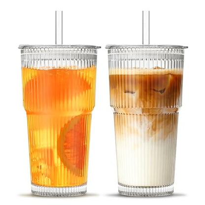 INSETLAN 20 oz Ribbed Glass Tumblers with Lids and Glass Straws – 2-Piece Glassware Set, Heavy-Duty Tumblers, Ideal for Iced Coffee, Smoothies, Cocktails, and Juices – Elegant and Durable Drinkware