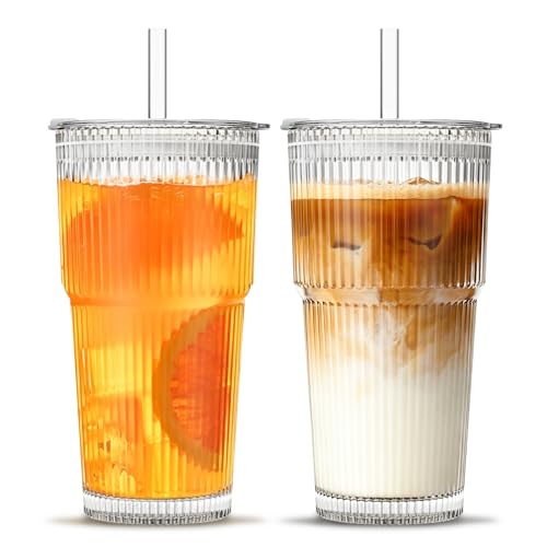 INSETLAN 20 oz Ribbed Glass Tumblers with Lids and Glass Straws – 2-Piece Glassware Set, Heavy-Duty Tumblers, Ideal for Iced Coffee, Smoothies, Cocktails, and Juices – Elegant and Durable Drinkware