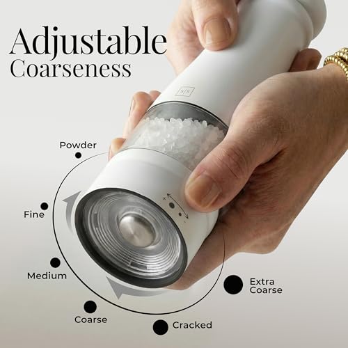 Styled Settings Electric Salt and Pepper Grinder Set, White | Automatic White and Gold Electric Salt and Pepper Shakers with Wood Base, LED Light, Battery Operated, Adjustable Coarseness - color: White