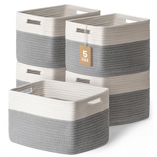 5 Pack Woven Storage Baskets, Decorative Storage Bins for Organizing | 13.8'' × 9.8'' × 7.9'', Cotton Rope Basket Organizer for Closet, Shelves, bathroom, Nursery, Toys, Books, Pantry, Gray/White - color: Gray & White