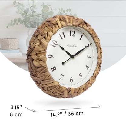 Farmhouse Series, Rustic Woven Clock | 14-Inch Natural Woven Water Hyacinth/Seagrass Wall Clock, Wall Art for Home & Farmhouse Décor - size: 14 inch