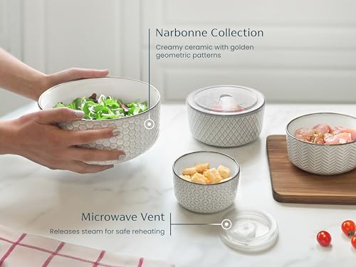 KooK Serving Bowls, with Lids, Ceramic Nesting Bowls, Set of 4, Embossed, Kitchen, Prep, Stackable, Gift, Microwave and Dishwasher Safe, 10/16/29/47 oz, Narbonne Collection (Ivory) - size: 47 Oz