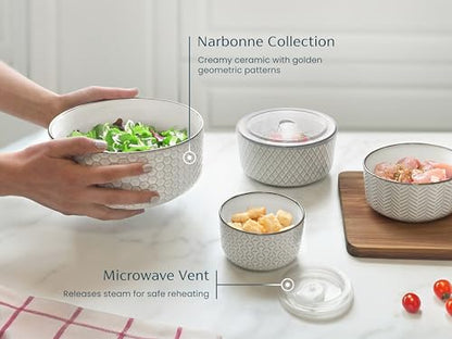 KooK Serving Bowls, with Lids, Ceramic Nesting Bowls, Set of 4, Embossed, Kitchen, Prep, Stackable, Gift, Microwave and Dishwasher Safe, 10/16/29/47 oz, Narbonne Collection (Ivory) - size: 47 Oz