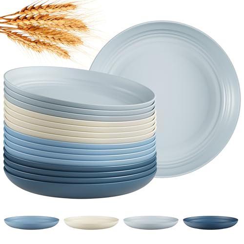 Quatish 16 PCS Unbreakable Reusable Plastic Plates,8 inch Dishwasher & Microwave Safe Dinner Plate, Easy-to-Clean Lightweight,Portable for Kitchen & Picnics Wheat Straw Plates（Blue） - color: Blue