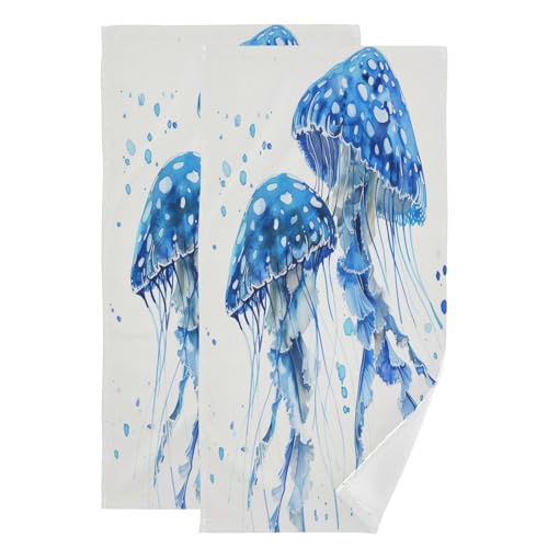 ALAZA Hand Towels for Bathroom Set of 2, Watercolor Blue Spotted Jelly Fish Aquarium Life Marine Animals Ocean Deep Sea Ultra Soft and Absorbent Fingertip Towels & Face Cloths, 28 x 14 inch - color: Multicolor06