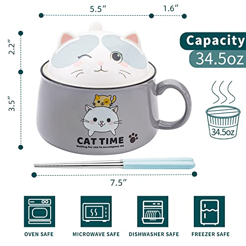Ramen Bowl Set with Chopsticks, Cute Cat Instant Ramen Noodle Bowls with Lid, 34.5 OZ Extra Large Ceramic Soup Bowls with Handle, Japanese Ramen Cooker, Microwave safe (Gray) - color: Gray