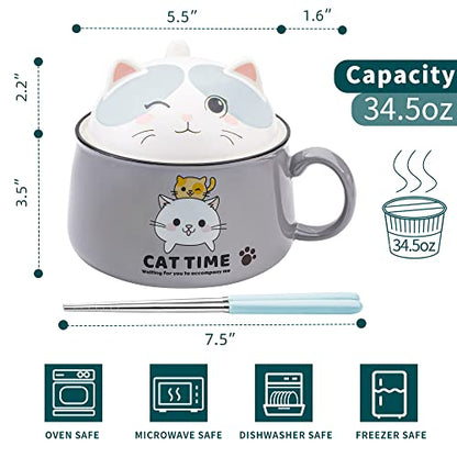 Ramen Bowl Set with Chopsticks, Cute Cat Instant Ramen Noodle Bowls with Lid, 34.5 OZ Extra Large Ceramic Soup Bowls with Handle, Japanese Ramen Cooker, Microwave safe (Gray) - color: Gray